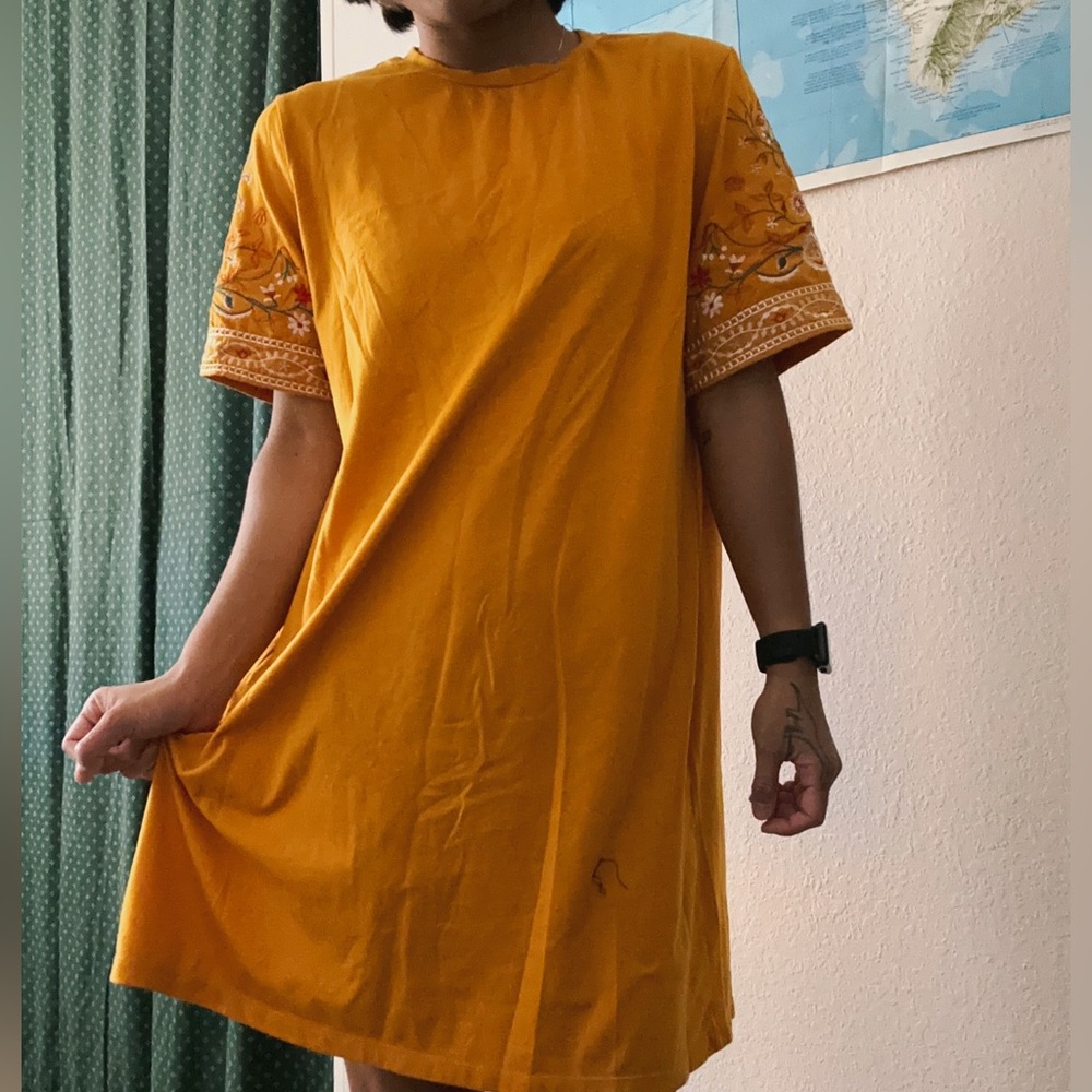 Beautiful yellow dress with embroidered sleeves!! (shein). Very comfy!